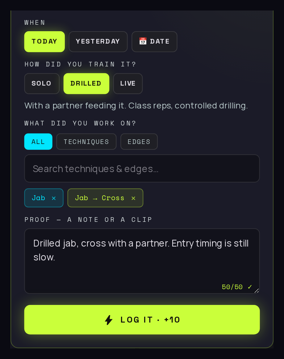 The log screen in the hub: when you trained, whether it was solo, drilled or live, what you worked on, and a box for a note or a clip as proof