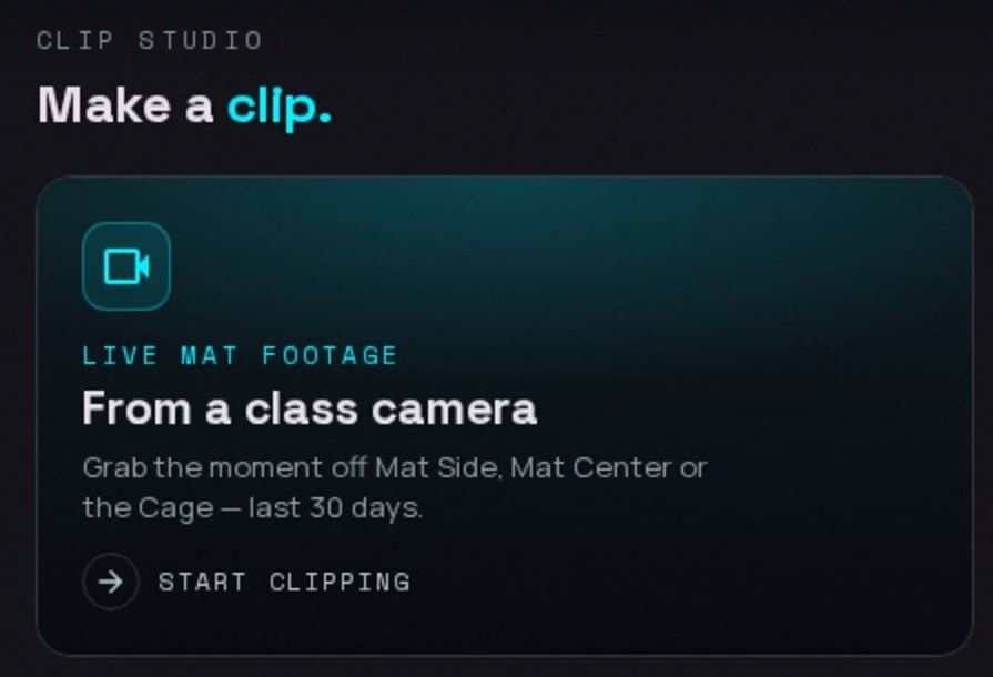 The clip studio in the hub, showing the Live Mat Footage card that starts a clip from the last 30 days of class-camera footage