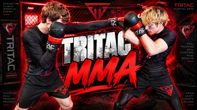 TRITAC MMA: two fighters trading strikes in the cage