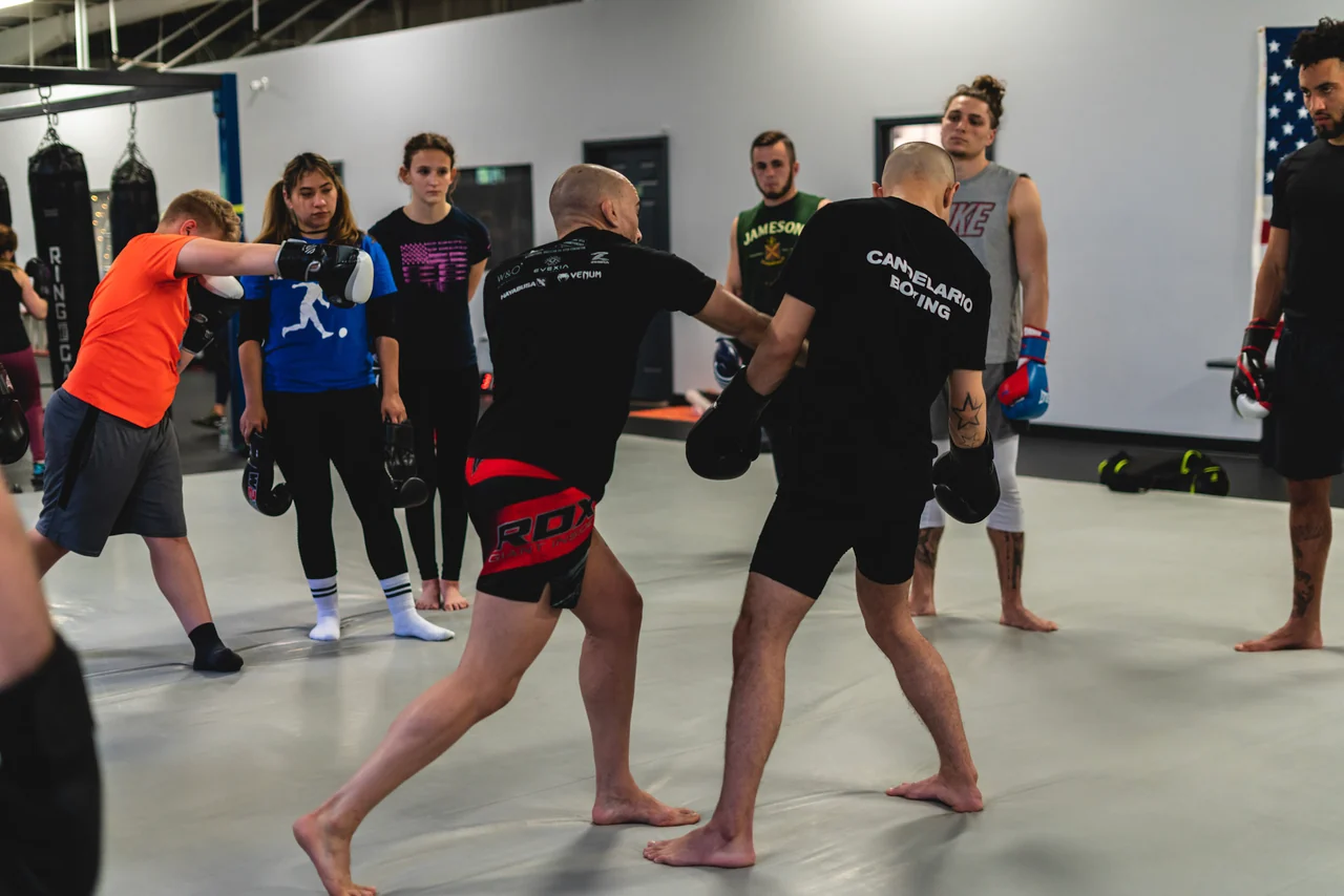 Students watching a boxing demonstration