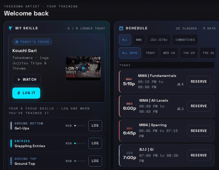 The TRITAC hub on day one: today's focus skill with a Watch and a Log It button, the six focus skills beneath it, and today's class schedule with a Reserve button on each class