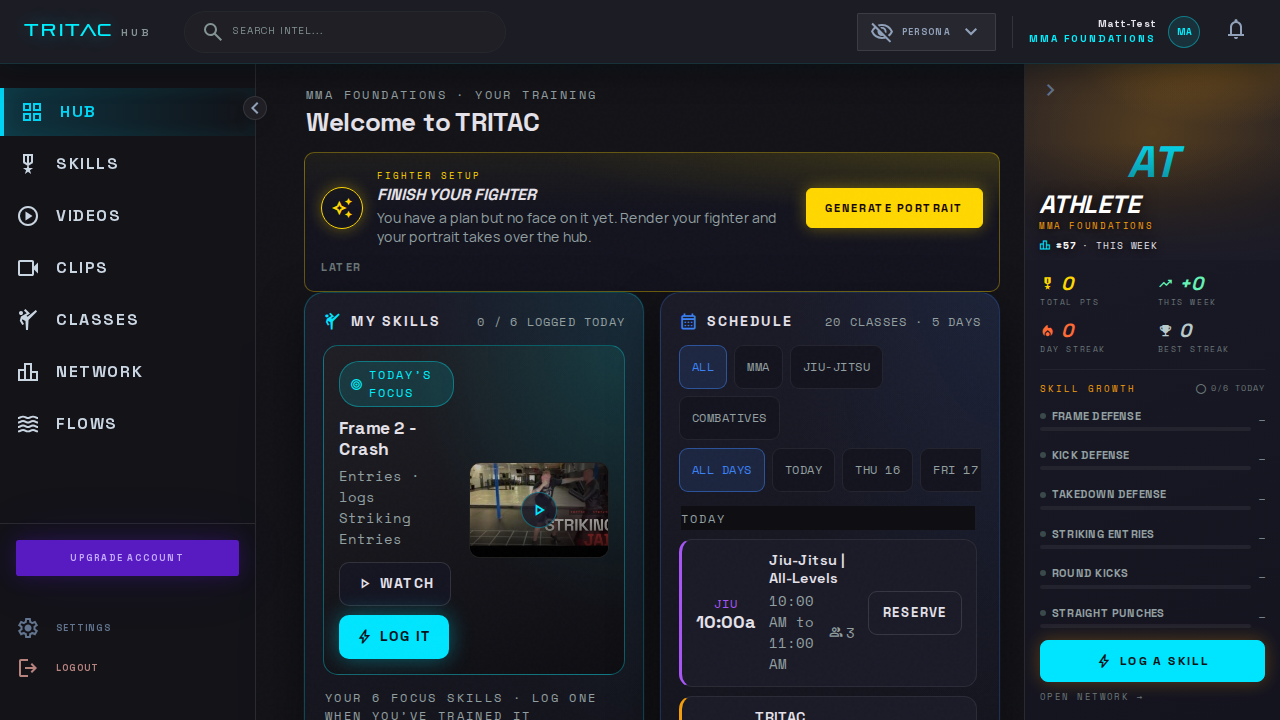 The live TRITAC hub: today's focus skill, schedule, and skill growth rail