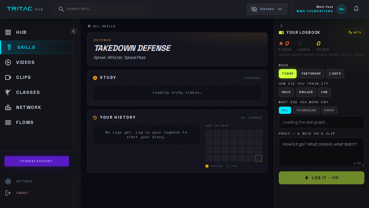 A skill detail page in the hub with level track and logged sessions