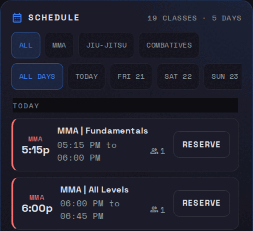 Today's schedule in the hub: MMA fundamentals and MMA all levels listed with start and end times and a Reserve button on each