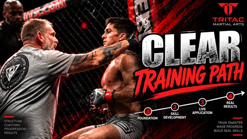 TRITAC coach guiding a martial artist in the cage, with a clear training path from foundation to application