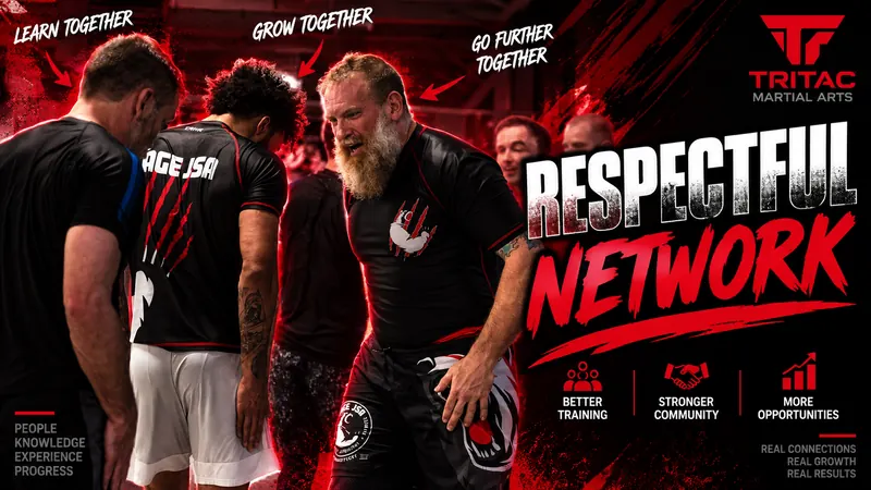 TRITAC coach and martial artists learning together in a respectful training community