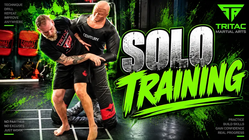 Solo Training artwork showing a takedown setup with a BOB dummy