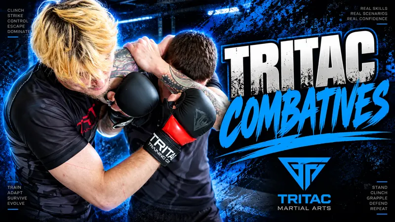 TRITAC Combatives artwork showing close-range clinch control