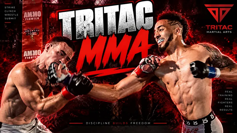 TRITAC MMA artwork showing a striking exchange inside a cage