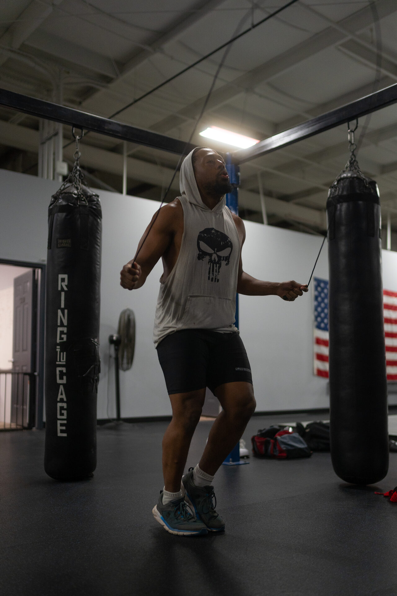 A member training alone in the bag row