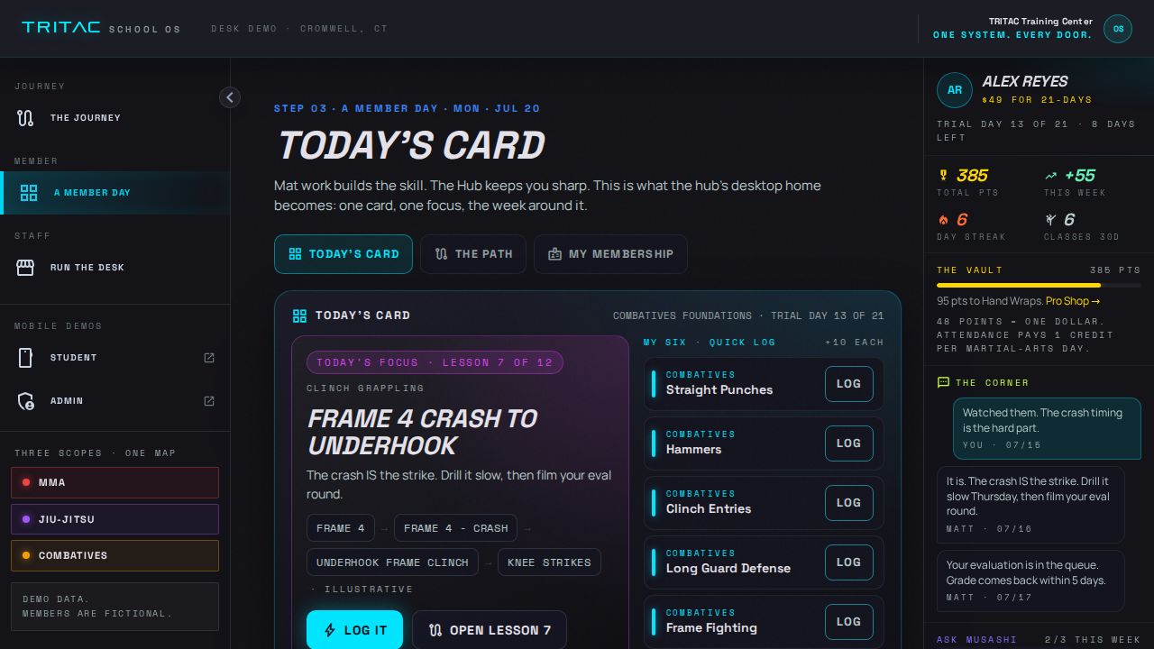 School OS member view: today's card with a real lesson chain, quick-log skills, and the member rail